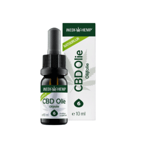 A 10ml bottle of Wedihemp CBD Oil Olive Oil 6% with packaging, a green label indicating strength, and a dropper for dispensing.