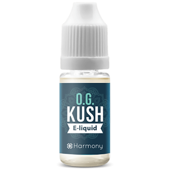 A bottle of Harmony E-liquid 100mg CBD - O.G. Kush (10ml).