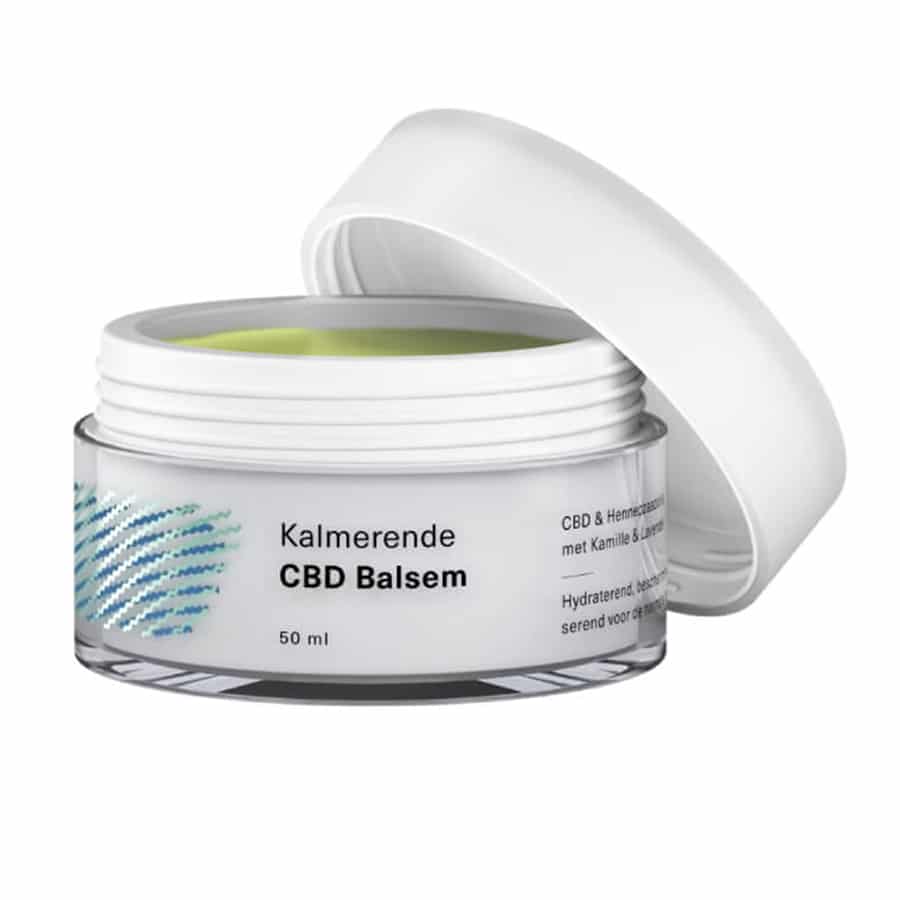 A jar of Hemptouch calming CBD-balm (50 ml/50 mg) sitting on top of a white container.