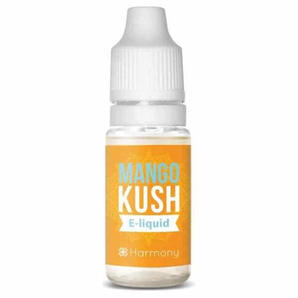 A bottle of Harmony E-liquid 100mg CBD – Mango Kush (10ml).