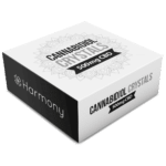 A white box with the Harmony CBD Crystals (99% Pure CBD) black and white logo on it.