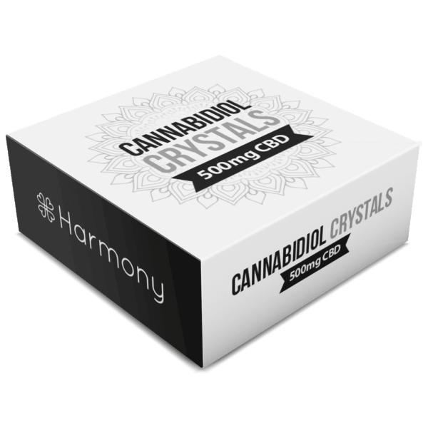 A white box with the Harmony CBD Crystals (99% Pure CBD) black and white logo on it.