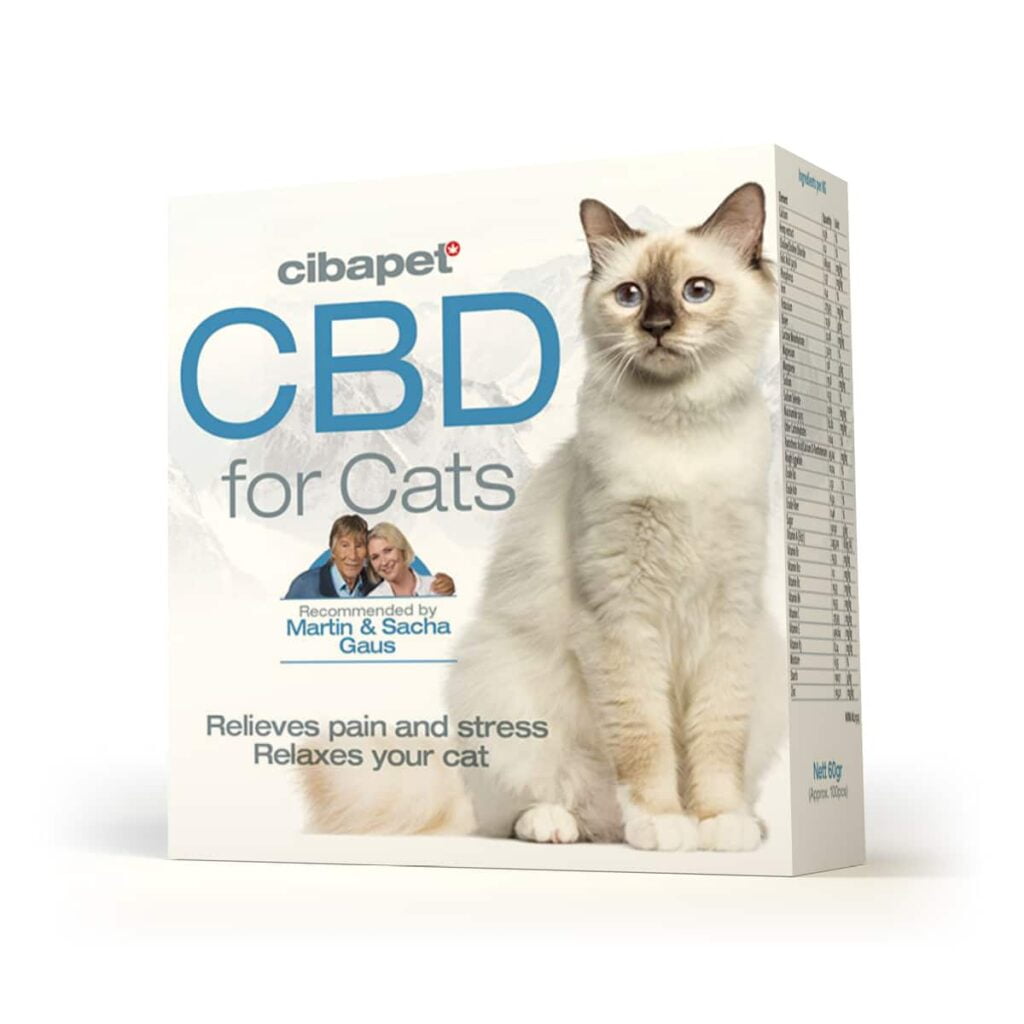 A box of CBD pastilles for cats (1,3mg) on a white background.