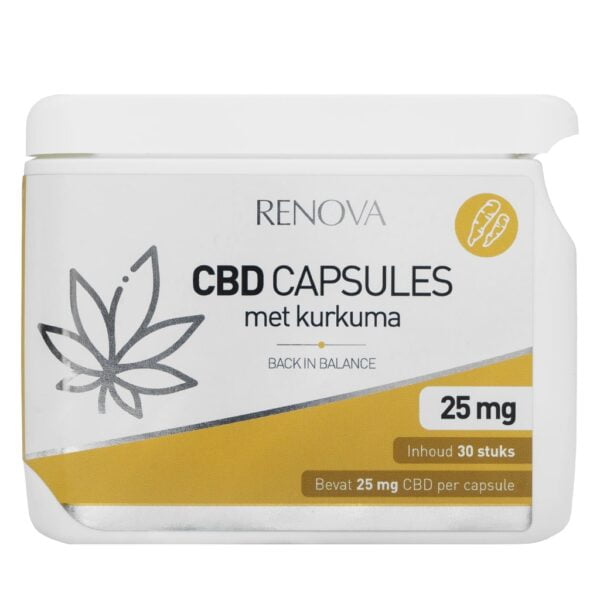 A bottle of Renova CBD capsules with Melatonin 15% (25 mg) next to a container of Renova CBD capsules with Melatonin 15% (25 mg).