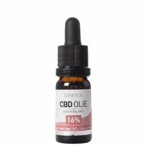 A bottle of Renova CBD oil 16% on a white background.