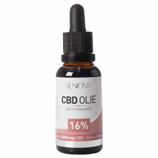 A bottle of Renova CBD oil 16% (30 ml) on a white background.