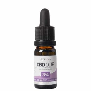 A bottle of Renova CBD oil 3% on a white background.