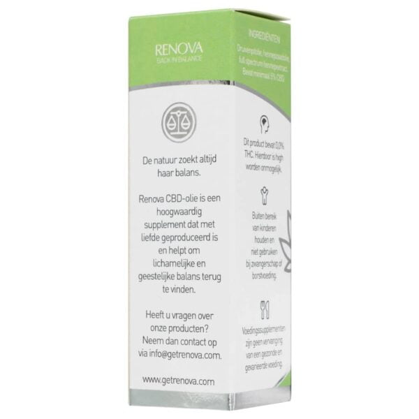 A white box with a green label on it: Renova CBD oil 5%.