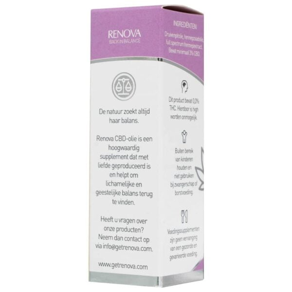 A white box with a purple label on it, containing Renova CBD oil 3%.