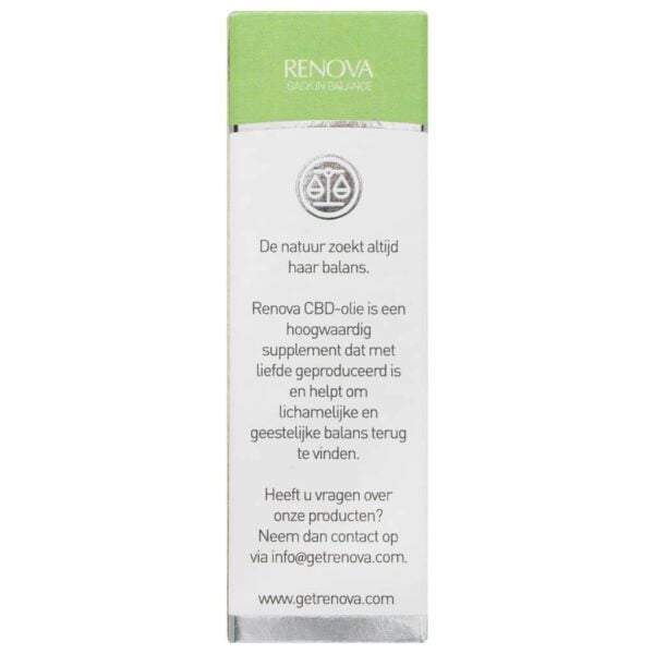 a white tube of Renova CBD oil 5% with a green label on it.