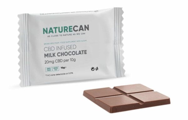 a bar of CBD dark chocolate next to a packet of CBD dark chocolate.