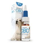 a bottle of cbd for dogs next to a box.