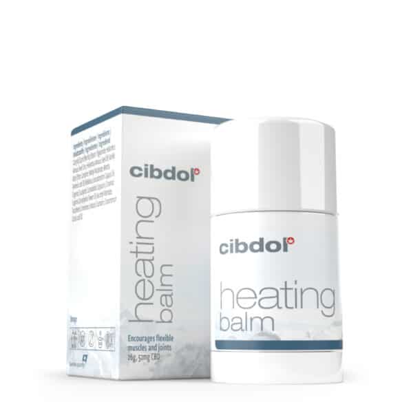 a white box and a white box with a white label on Cibdol - CBD Heating muscle balm.