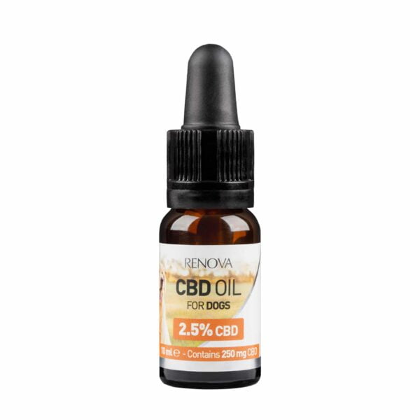 A bottle of Renova - CBD oil 2,5% for dogs on a white background.