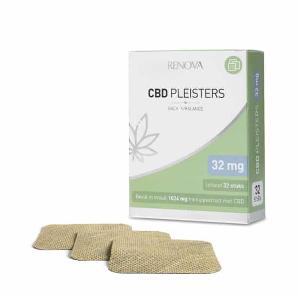 A box of Renova CBD patches (32 mg - 32 pieces) next to two packs of Renova CBD patches.