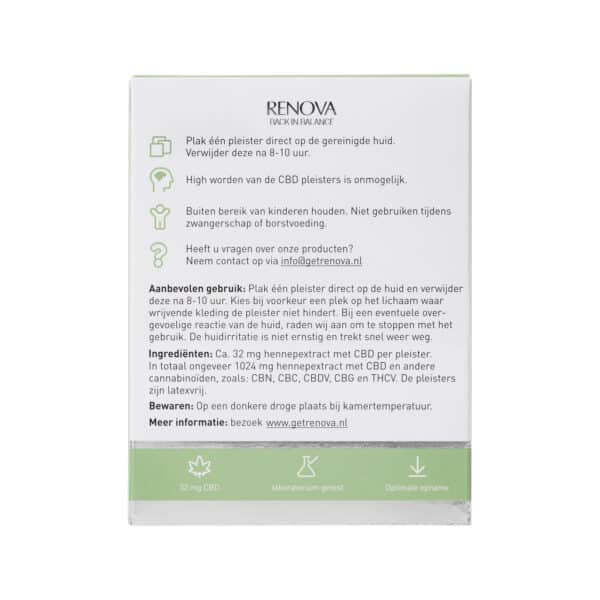 A white box with a green label on it containing Renova CBD patches (32 mg - 32 pieces).