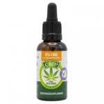 a bottle of cbd oil sitting on a white surface.